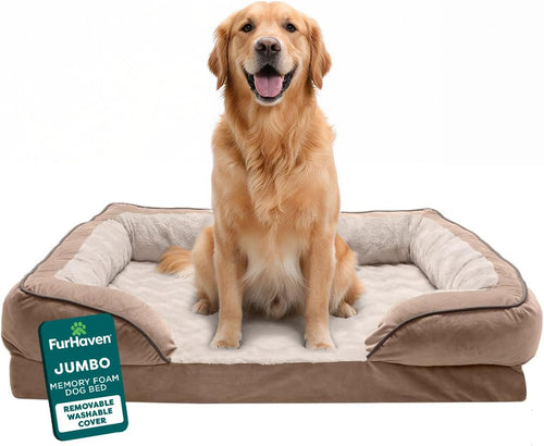 Memory Foam Dog Bed for Large Dogs W/ Removable Bolsters & Washable Cover, for Dogs up to 95 Lbs - Plush & Velvet Waves Perfect Comfort Sofa - Brownstone, Jumbo/Xl
