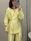 Women's Elegant Coat Pant Sets Full Sleeve V Lace Top Wide Leg Pants Female Suits 2026 Spring Summer Solid Satin Lady Set