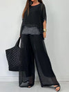 Women's Autumn New Chiffon Round Neck Half-sleeved Short-sleeved Fashion Sequined Patchwork Trousers Lady Casual Two-piece Set