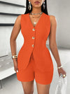 Fashion Casual Shorts Set 2-piece Women's Comfortable Casual Solid Color Button Sleeveless Vest Lace Up Shorts Set