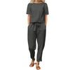 Women's Cotton Linen Suit Summer Matching Suit Half-sleeved Round Neck Tie Elastic Waist Trousers Wide-leg Pants Retro Suit
