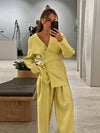 Women's Elegant Coat Pant Sets Full Sleeve V Lace Top Wide Leg Pants Female Suits 2026 Spring Summer Solid Satin Lady Set
