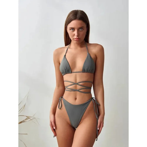 Bikini de tiras sexy para mujer, color sólido, estilo europeo americano, bañador de moda para mujer, estilo playero de verano
