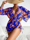 2024 New 3 Piece Bikini Set Plus Size Swimsuit Women Long Sleeve Cover Up Print Halter Swimwear Beach Wear Sexy Bathing Suit 3XL
