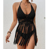 Beach Women's Crochet Knitting Sexy Bandages Swimwear Hollow-out Long Tassel Bikini Cover up Summer Vacation Top Bathing Suit