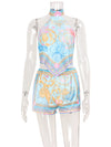 CNYISHE Halter Prints Backless Sleevless Suits Fashion Sheath Sexy Club Women Sets Summer Chic Female Fit 2-Pieces(Tops+Short)