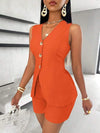 Fashion Casual Shorts Set 2-piece Women's Comfortable Casual Solid Color Button Sleeveless Vest Lace Up Shorts Set