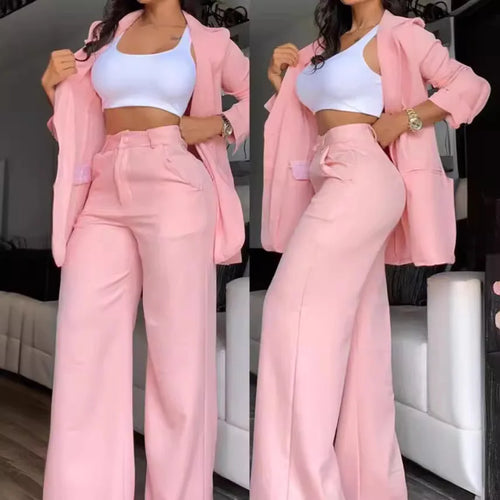 Conjuntos de pantalón de dos piezas para mujer, cárdigan, blazer, botones, cuello vuelto, abrigo, pantalones de pernera ancha con bolsillos, traje elegante liso, para oficina