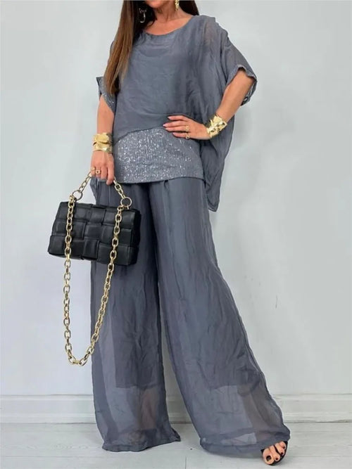 Conjunto de dos piezas informal de mujer con pantalón, blusa de gasa de manga corta con cuello redondo, moda con lentejuelas y retazos, novedad de otoño