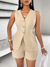 Fashion Casual Shorts Set 2-piece Women's Comfortable Casual Solid Color Button Sleeveless Vest Lace Up Shorts Set