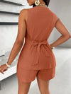 Fashion Casual Shorts Set 2-piece Women's Comfortable Casual Solid Color Button Sleeveless Vest Lace Up Shorts Set