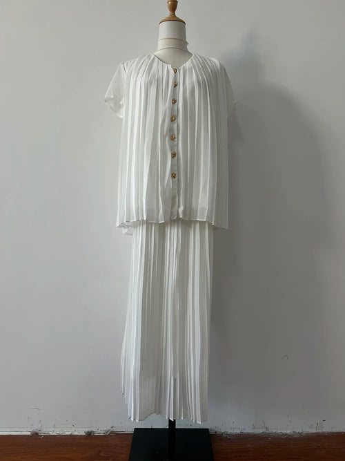 Verano Nuevo Camisa de Gasa de Alta Gama Blusas Adelgazantes con Cuello en V Faldas Plisadas Conjunto de Falda Midi Acampanada Conjunto de Dos Piezas Blanco Trajes de Mujer