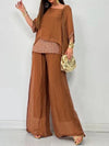 Women's Autumn New Chiffon Round Neck Half-sleeved Short-sleeved Fashion Sequined Patchwork Trousers Lady Casual Two-piece Set