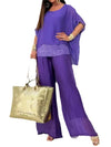 Women's Autumn New Chiffon Round Neck Half-sleeved Short-sleeved Fashion Sequined Patchwork Trousers Lady Casual Two-piece Set