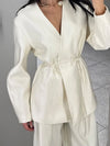 Women's Elegant Coat Pant Sets Full Sleeve V Lace Top Wide Leg Pants Female Suits 2026 Spring Summer Solid Satin Lady Set