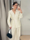 Women's Elegant Coat Pant Sets Full Sleeve V Lace Top Wide Leg Pants Female Suits 2026 Spring Summer Solid Satin Lady Set