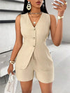 Fashion Casual Shorts Set 2-piece Women's Comfortable Casual Solid Color Button Sleeveless Vest Lace Up Shorts Set