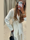 Women's Elegant Coat Pant Sets Full Sleeve V Lace Top Wide Leg Pants Female Suits 2026 Spring Summer Solid Satin Lady Set