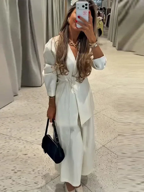 Conjuntos de pantalón y abrigo elegante para mujer, blusa de encaje con cuello en V de manga larga y pantalones de pernera ancha, trajes femeninos primavera-verano 2026, conjunto de satén liso para mujer