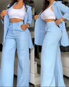 Pants Sets Two Piece Women Cardigan Blazer Button Turn Down Collar Coat Wide Leg Pants Pockets Solid Elegant Suit Office Lady