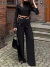 Solid Color Pants Set Crossover Two Piece Set with High Collar Long sleeves  Solid Women  Wide Leg Pants Suit Office Clothing