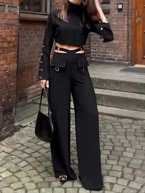Conjunto de pantalones de color liso, dos piezas cruzado con cuello alto, mangas largas, color liso para mujer, traje de pantalón de pierna ancha, ropa de oficina