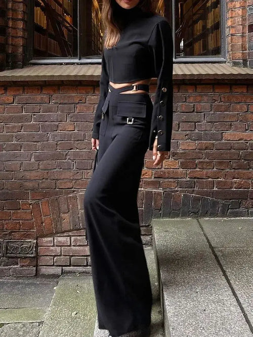 Conjunto de pantalones de color liso, dos piezas cruzado con cuello alto, mangas largas, color liso para mujer, traje de pantalón de pierna ancha, ropa de oficina