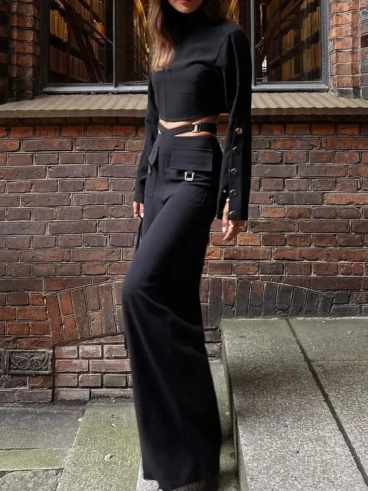 Solid Color Pants Set Crossover Two Piece Set with High Collar Long sleeves  Solid Women  Wide Leg Pants Suit Office Clothing