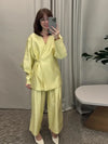 Women's Elegant Coat Pant Sets Full Sleeve V Lace Top Wide Leg Pants Female Suits 2026 Spring Summer Solid Satin Lady Set