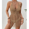 Beach Women's Crochet Knitting Sexy Bandages Swimwear Hollow-out Long Tassel Bikini Cover up Summer Vacation Top Bathing Suit