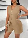 Fashion Casual Shorts Set 2-piece Women's Comfortable Casual Solid Color Button Sleeveless Vest Lace Up Shorts Set
