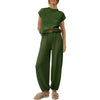 Spring Solid Color Pants Sets Women Fashion Sporty Style Short Sleeves Tops High Waist Trousers Two Piece Set Female Streetwear