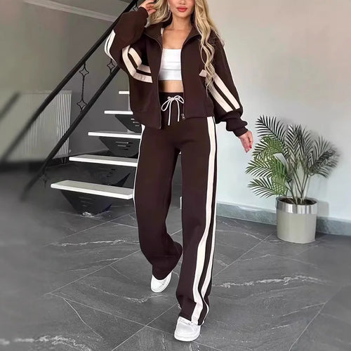 Conjunto de dos piezas para mujer, moda, estampado a rayas, solapa, cremallera, abrigo, pantalones de cintura alta, conjunto de otoño-invierno, traje de manga larga, chándal