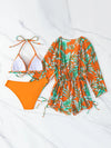 2024 New 3 Piece Bikini Set Plus Size Swimsuit Women Long Sleeve Cover Up Print Halter Swimwear Beach Wear Sexy Bathing Suit 3XL