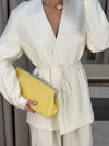 Women's Elegant Coat Pant Sets Full Sleeve V Lace Top Wide Leg Pants Female Suits 2026 Spring Summer Solid Satin Lady Set