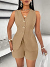 Fashion Casual Shorts Set 2-piece Women's Comfortable Casual Solid Color Button Sleeveless Vest Lace Up Shorts Set