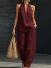 Women Sleeveless Pullover Top and Loose Pants Matching Sets, Solid Patchwork 2 PC Outfits, 2026 Summer Casual Suits Streetwear