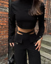 Solid Color Pants Set Crossover Two Piece Set with High Collar Long sleeves  Solid Women  Wide Leg Pants Suit Office Clothing