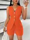 Fashion Casual Shorts Set 2-piece Women's Comfortable Casual Solid Color Button Sleeveless Vest Lace Up Shorts Set
