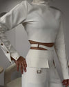 Solid Color Pants Set Crossover Two Piece Set with High Collar Long sleeves  Solid Women  Wide Leg Pants Suit Office Clothing