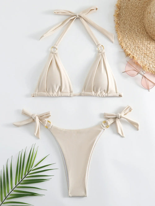 Micro Bikini Sexy Traje de Baño para Mujer 2024 Liso Beige Halter Anillas Push Up Mini Bikinis Traje de Baño de Verano Tanga