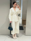 Women's Elegant Coat Pant Sets Full Sleeve V Lace Top Wide Leg Pants Female Suits 2026 Spring Summer Solid Satin Lady Set