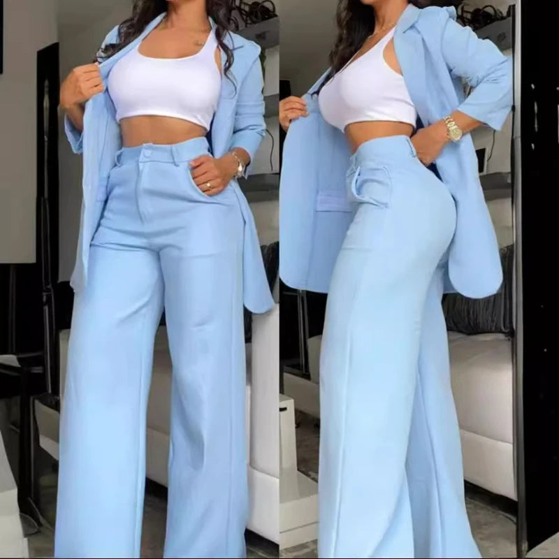 Pants Sets Two Piece Women Cardigan Blazer Button Turn Down Collar Coat Wide Leg Pants Pockets Solid Elegant Suit Office Lady