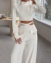 Solid Color Pants Set Crossover Two Piece Set with High Collar Long sleeves  Solid Women  Wide Leg Pants Suit Office Clothing