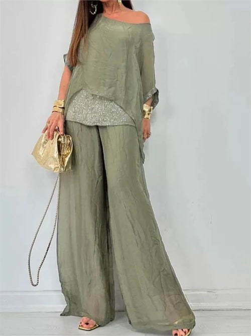 Conjunto de dos piezas informal de mujer con pantalón, blusa de gasa de manga corta con cuello redondo, moda con lentejuelas y retazos, novedad de otoño