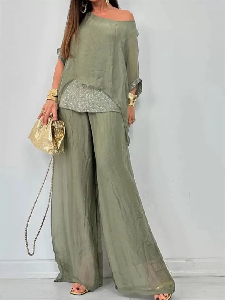 Women's Autumn New Chiffon Round Neck Half-sleeved Short-sleeved Fashion Sequined Patchwork Trousers Lady Casual Two-piece Set