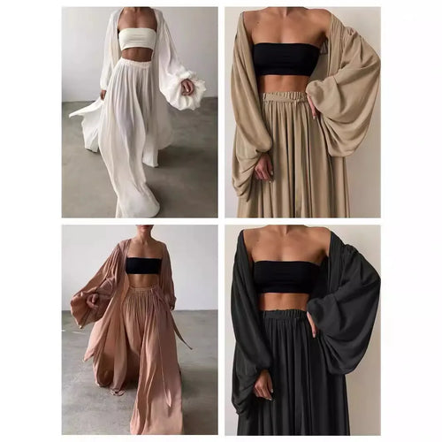 Conjunto de Mujer Estilo Casual, Camisa Sólida de Gasa, Sujetador sin Tirantes y Pantalones de Pierna Ancha, 3 Piezas Elegante Conjunto de Pantalones para Mujer, Tallas Grandes, Atuendos Femeninos