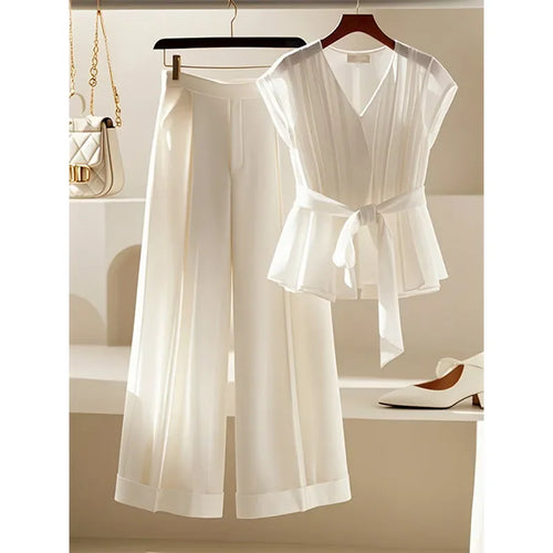 Verano Nuevo Camisa de Gasa de Alta Gama Blusas Adelgazantes con Cuello en V Faldas Plisadas Conjunto de Falda Midi Acampanada Conjunto de Dos Piezas Blanco Trajes de Mujer