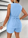 Fashion Casual Shorts Set 2-piece Women's Comfortable Casual Solid Color Button Sleeveless Vest Lace Up Shorts Set