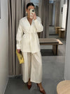 Women's Elegant Coat Pant Sets Full Sleeve V Lace Top Wide Leg Pants Female Suits 2026 Spring Summer Solid Satin Lady Set